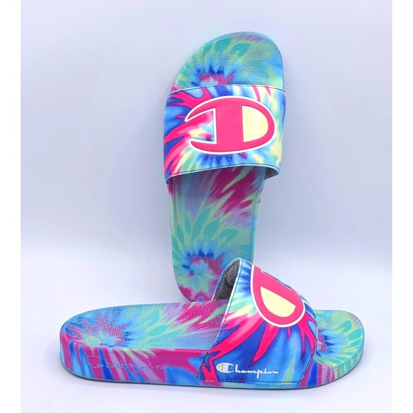 Champion Tie Dye Slides Sandals Pink Blue Green Women Sz 6W Casual Comfort - Picture 1 of 7